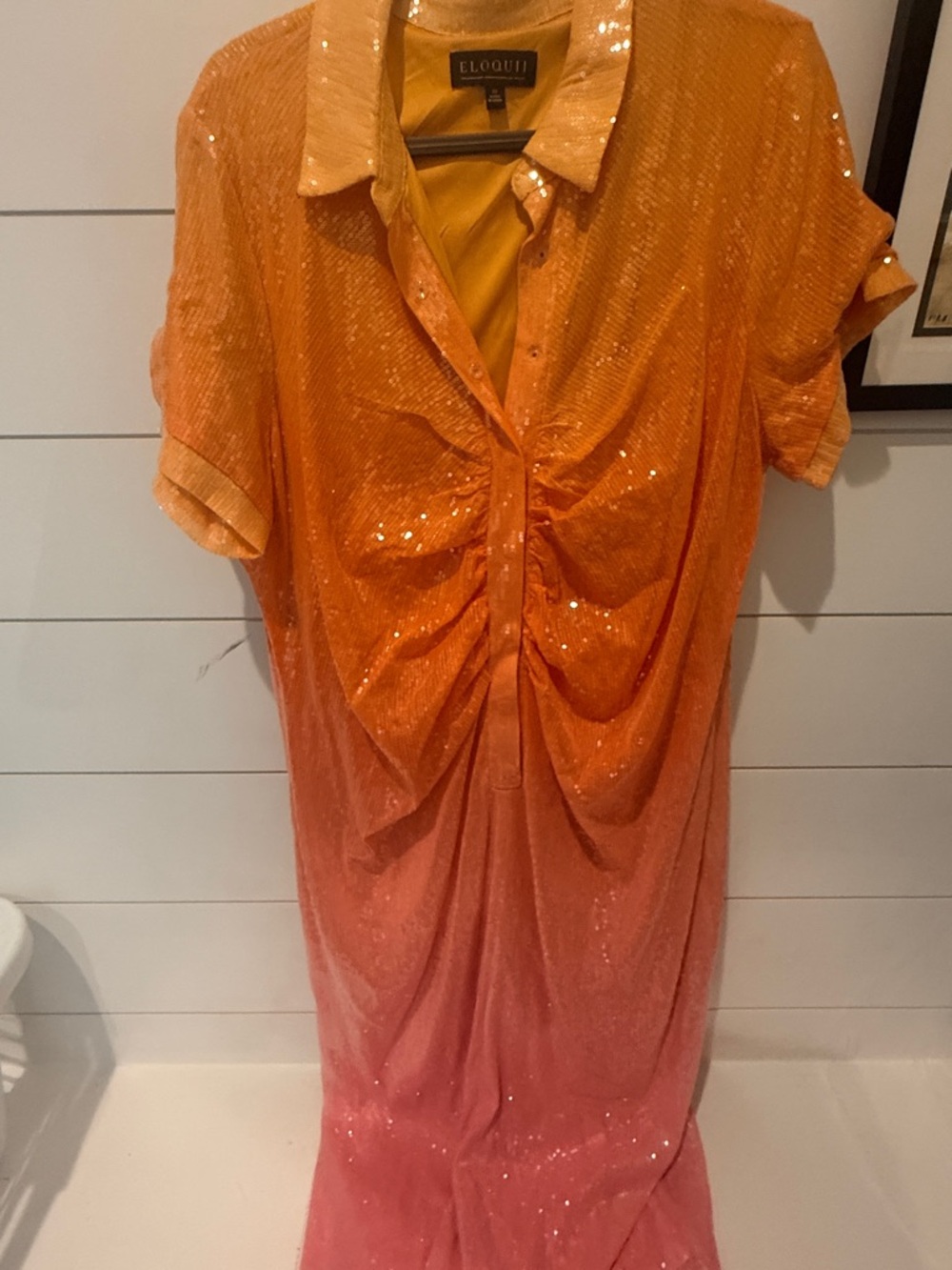 Eloquii Orange-to-Pink Ombre Sequin Button-Down Blouse